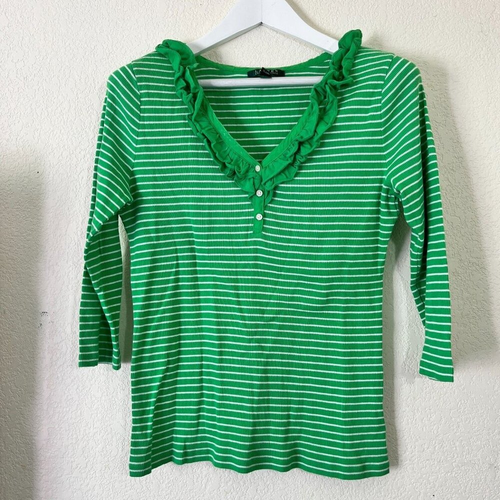 Lauren Ralph Lauren Womens Medium Green White Striped Ruffle Henley T-Shirt Top